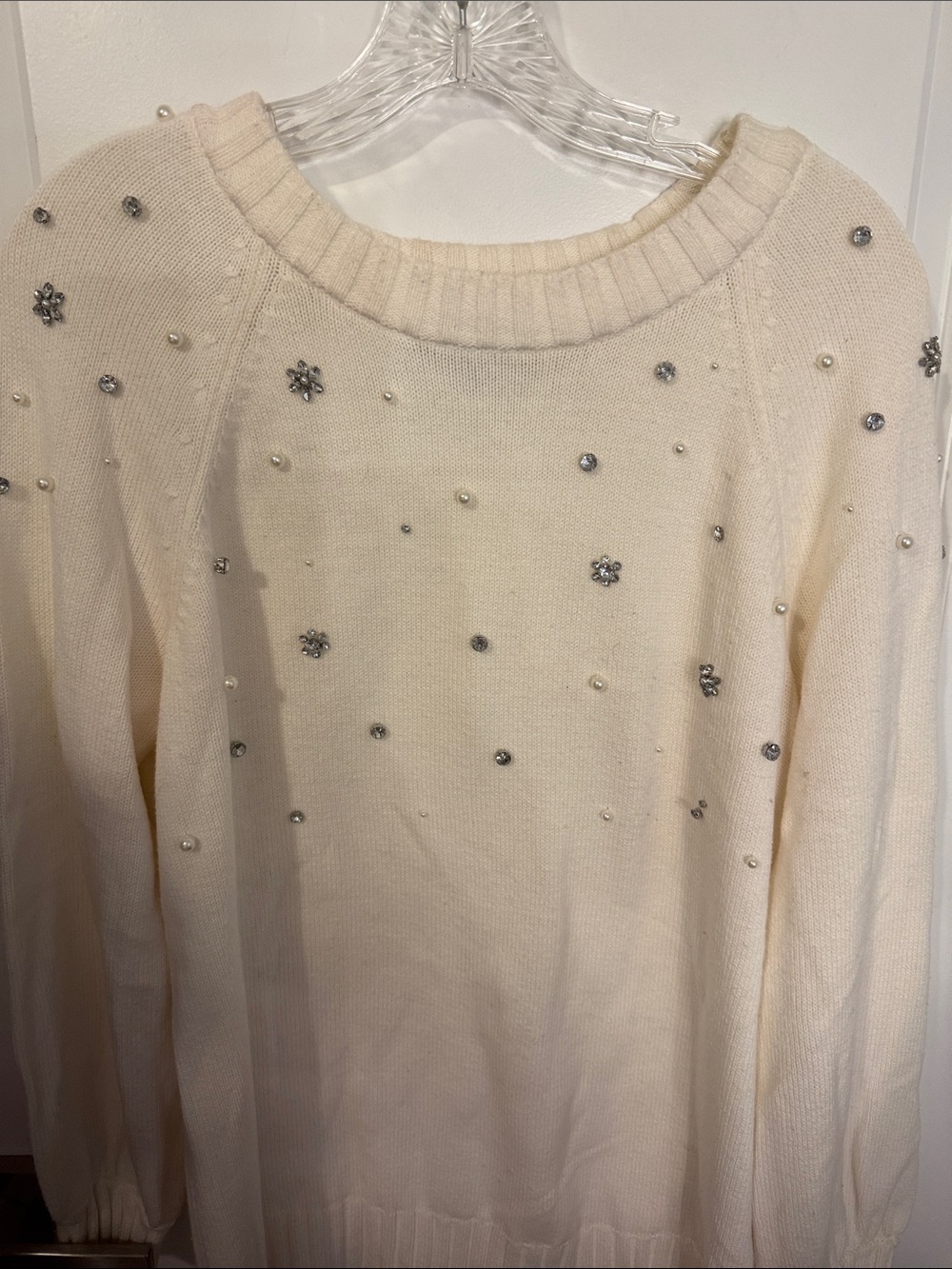 Karl Lagerfeld Ivory Crewneck Sweater with Pearl & Rhinestone Accents